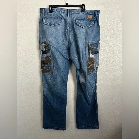 PRPS Indigo Miyagi Patchwork Cargo Denim Jeans Noir Bruised Never Broken Size 38